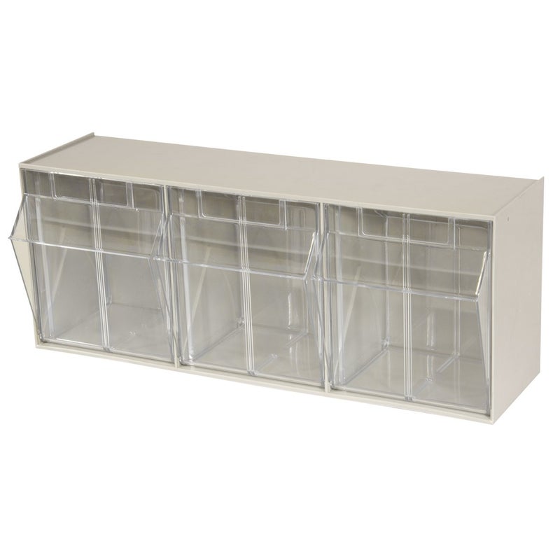 Akro-Mils TiltView Plastic Storage Cabinet with 3 Tilt Out Bins, Horizontal Plastic Parts Organizer, Teacher Toolbox, and Office Supply Organizer, 23-5/8" W x 9-7/16" H x 7-7/8" D, Stone - Image 1